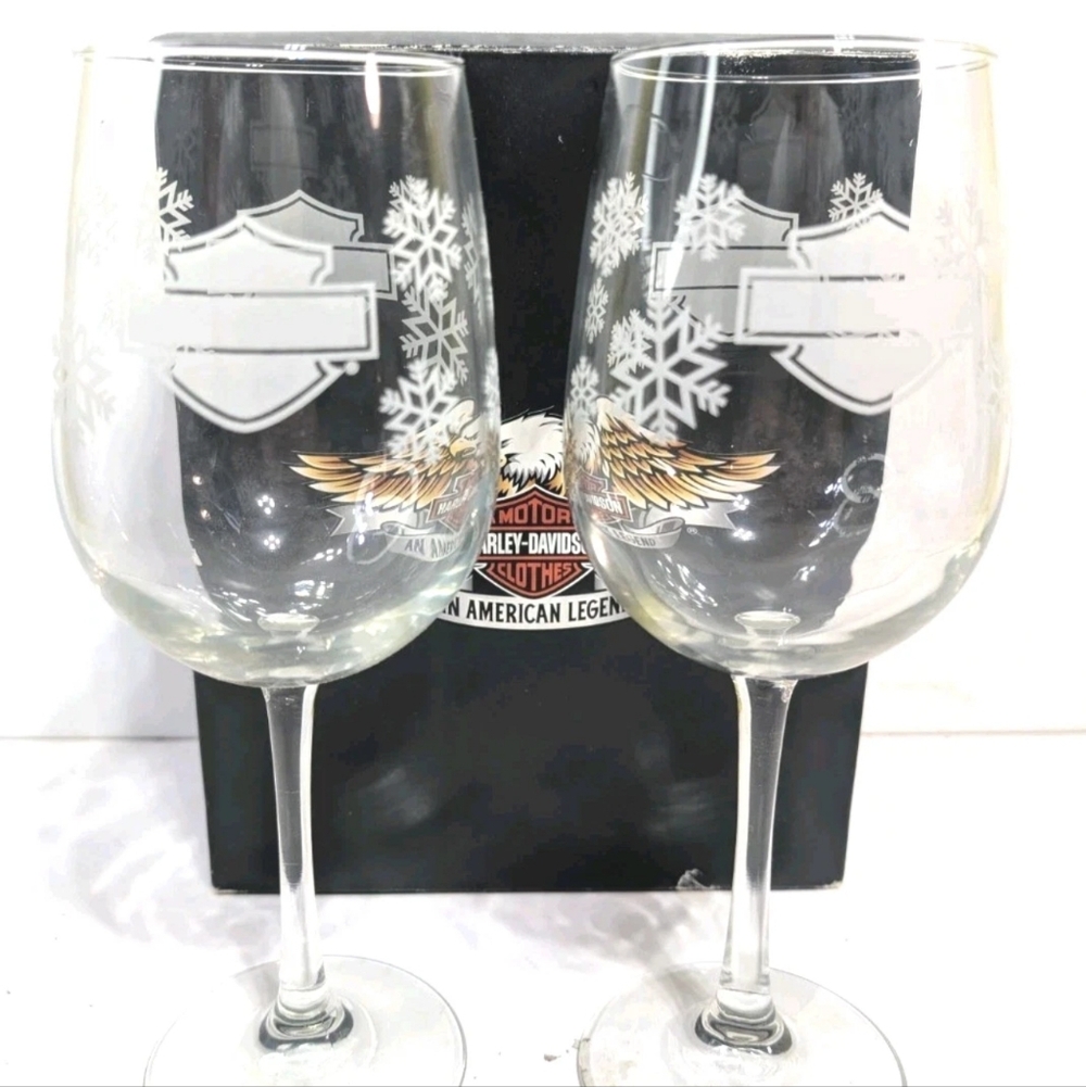 Harley Davidson Snow Flake Wine Glass 2 Pk Set 9" Tall Heavy 2009 NEW